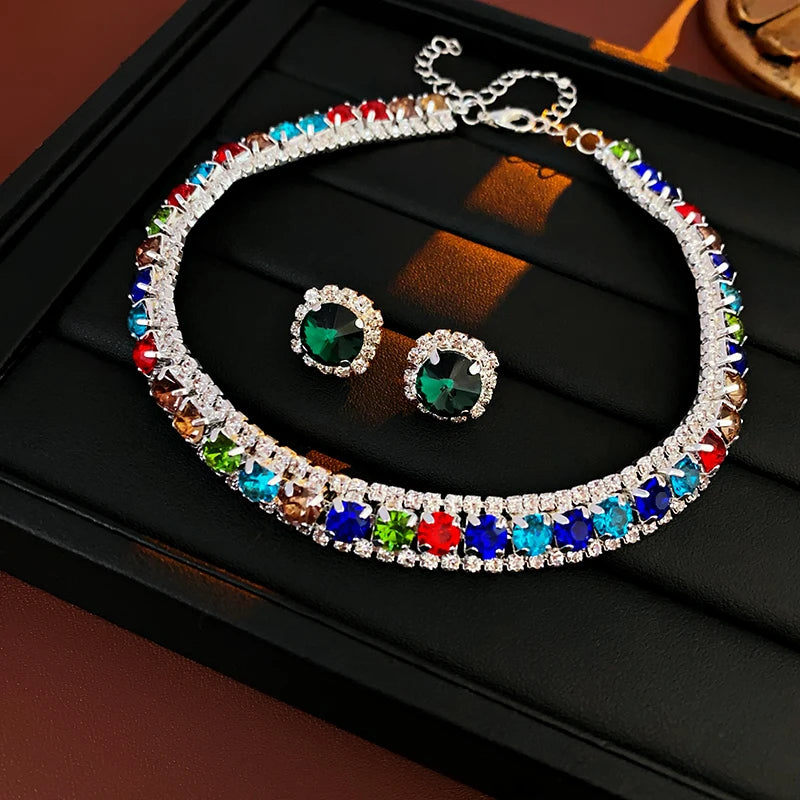 Luxury Green Rhinestone Necklace Stud Earrings For Women Crystal Choker Necklaces Ladies Fashion Weddings Banquet Jewelry Set