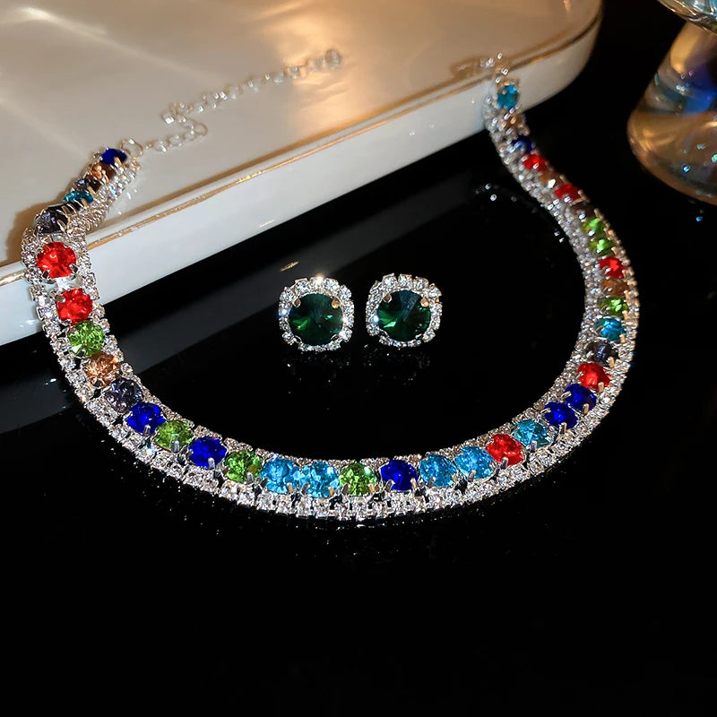 Luxury Green Rhinestone Necklace Stud Earrings For Women Crystal Choker Necklaces Ladies Fashion Weddings Banquet Jewelry Set