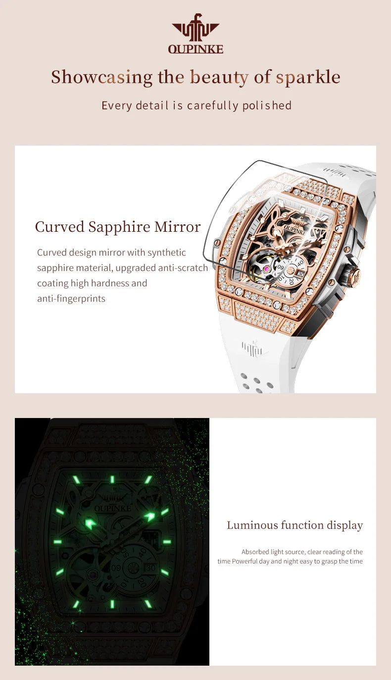 OUPINKE 3220 Flywheel Skeleton Mechanical Watch For Women Diamond Luxury Silicone Strap Wristwatch Sapphire Mirror Dress Watch