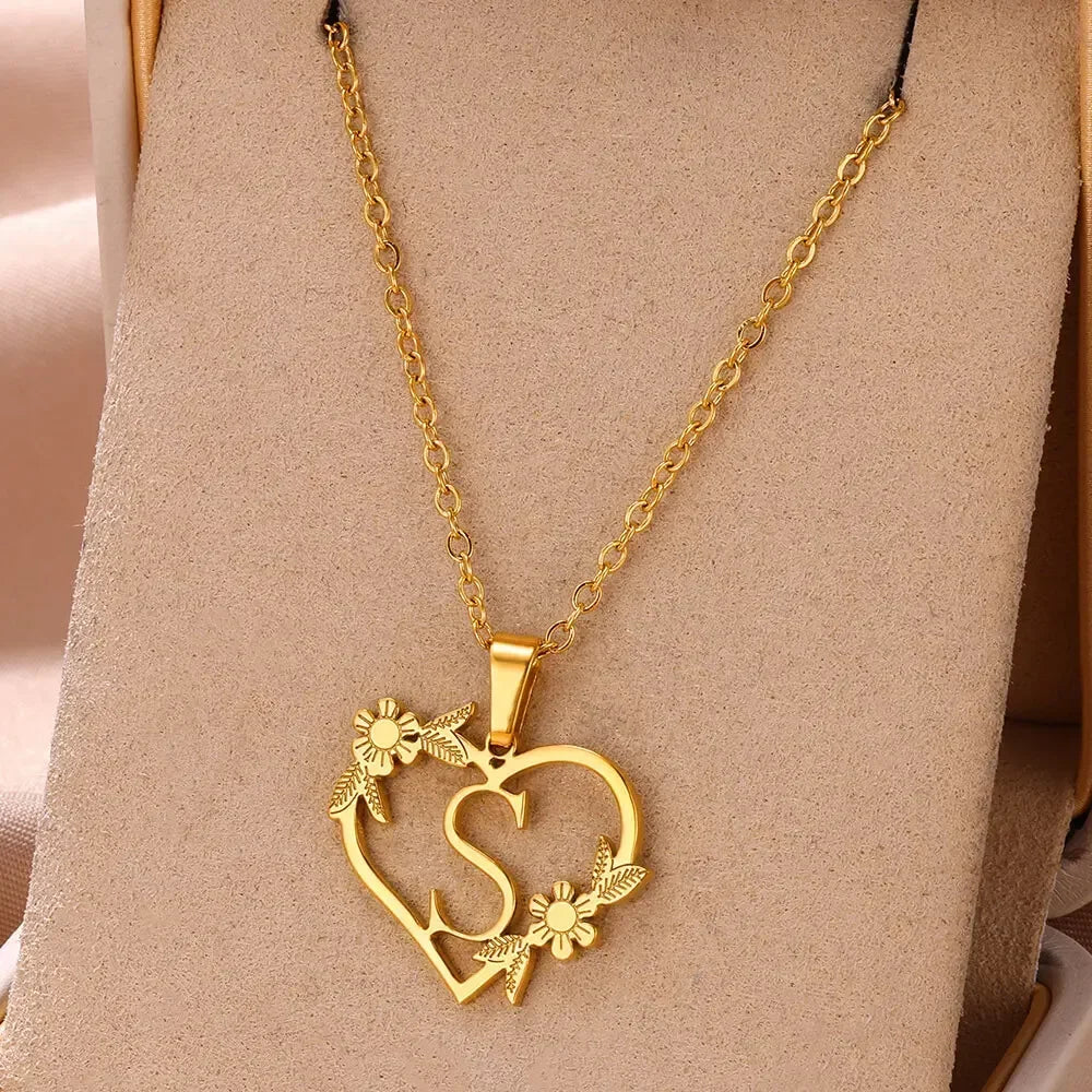 Gold Color Dainty Flower Initials Necklace Women Girl Stainless Steel Heart Letter Choker Necklace Best Gifts Alphabet Jewelry