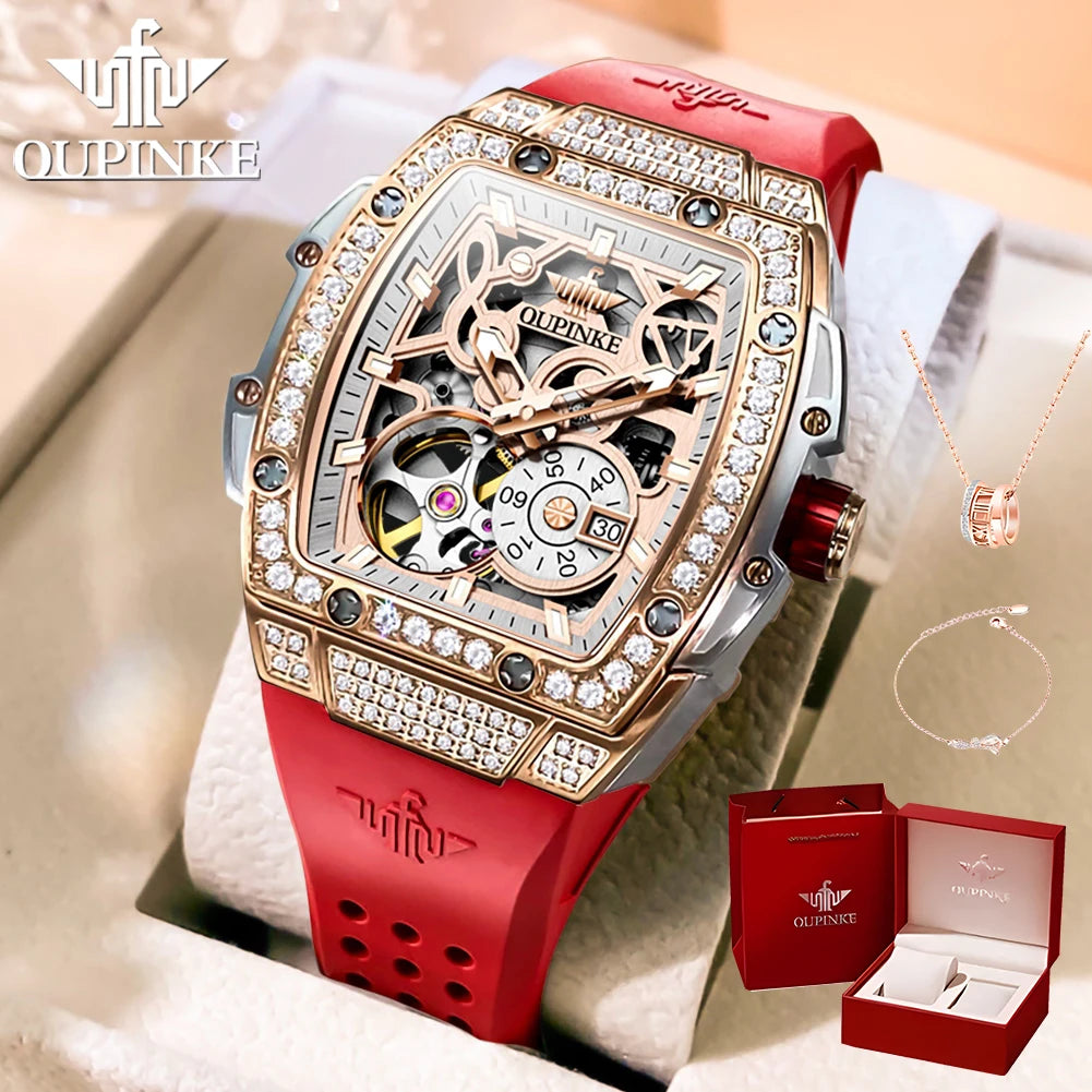 OUPINKE 3220 Flywheel Skeleton Mechanical Watch For Women Diamond Luxury Silicone Strap Wristwatch Sapphire Mirror Dress Watch