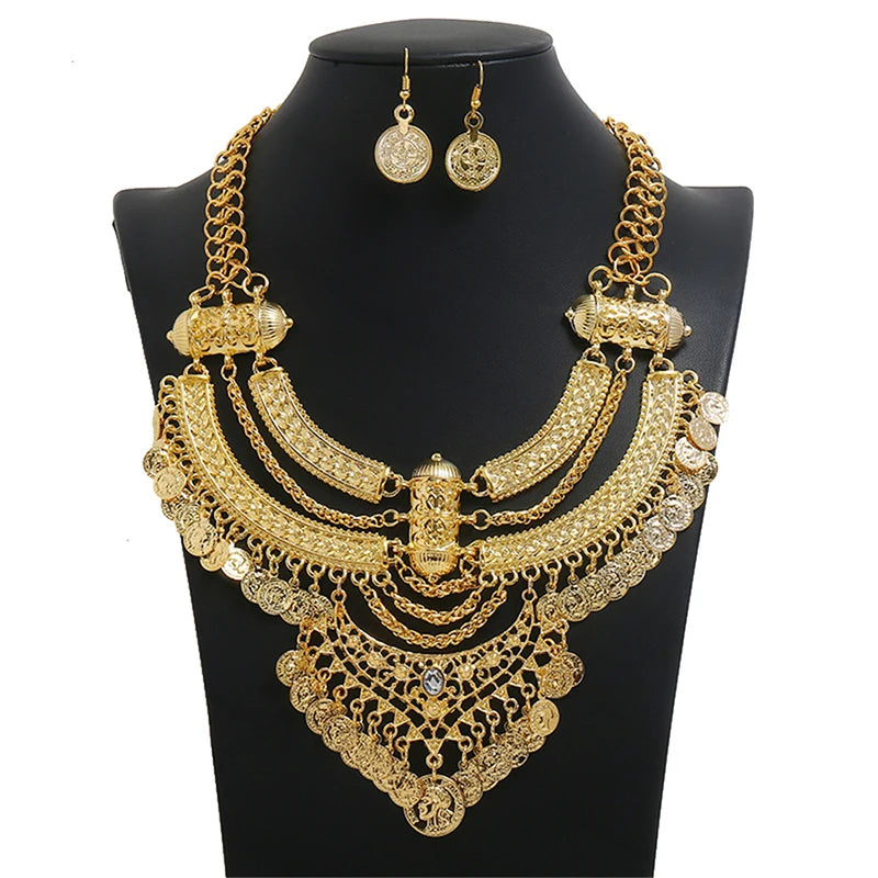 Fashion Choker Collar Jewelry Sets For Women Coin Tassel Ethnic Gypsy Bohemian Statement Collier Necklaces Drop Dangle Earrings