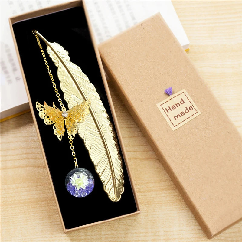 1pc Chinese Style Metal Feather Bookmark Creative Immortal Dried Flower Butterfly Leaf Student Bookmark Teacher's Day Gift