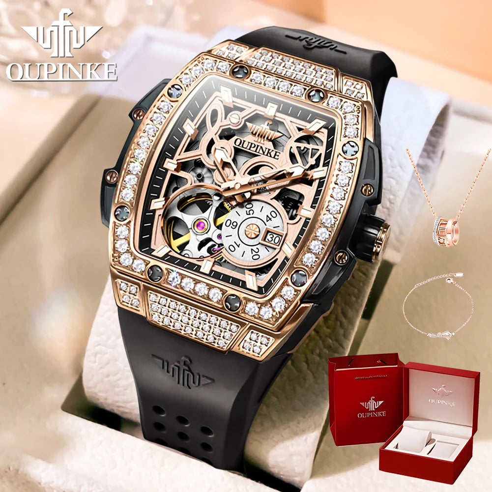 OUPINKE 3220 Flywheel Skeleton Mechanical Watch For Women Diamond Luxury Silicone Strap Wristwatch Sapphire Mirror Dress Watch