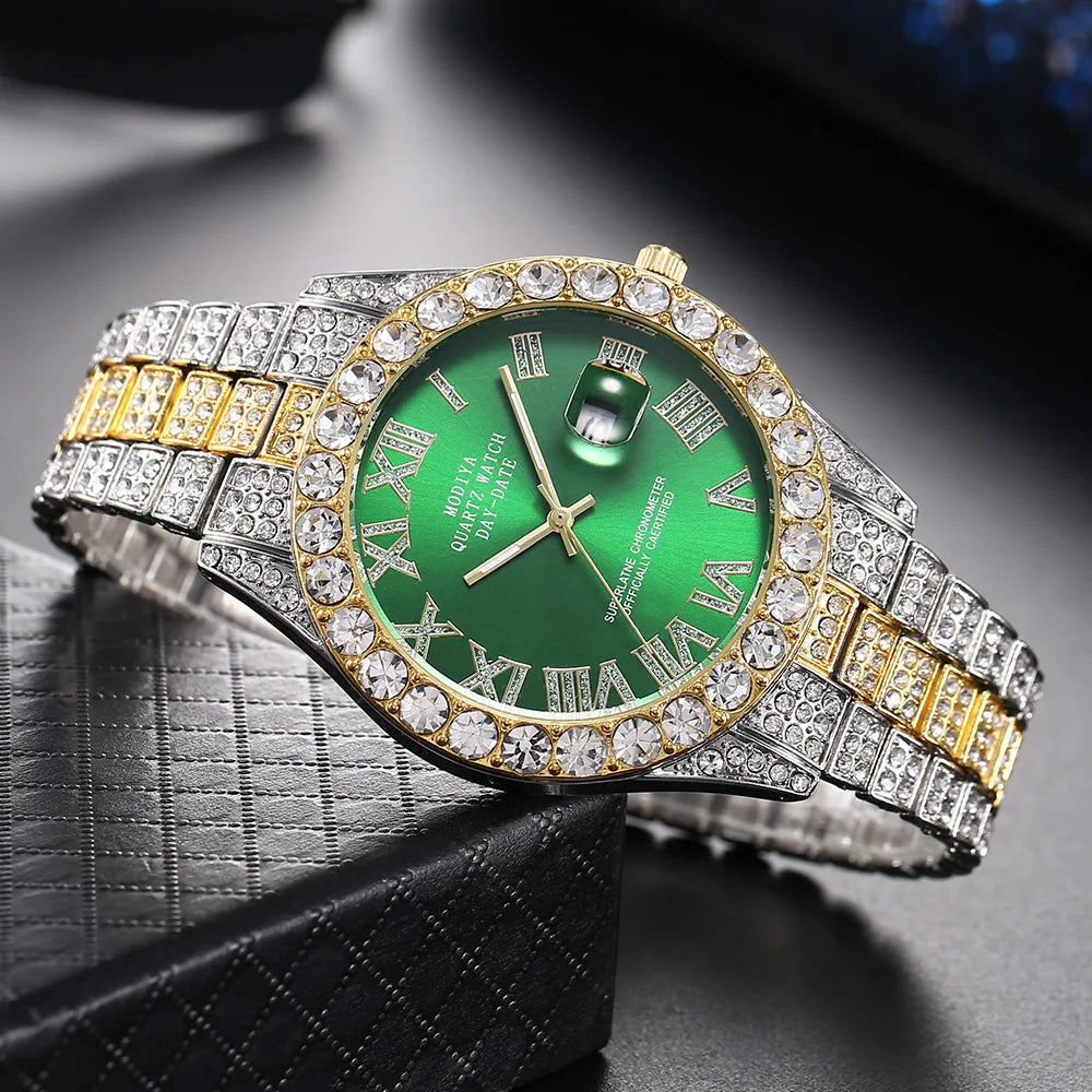 Montre homme Hip Hop Iced Out entièrement en strass AAA autour des montres à quartz de luxe horloge ronde montre-bracelet unisexe cadeau pour petit ami