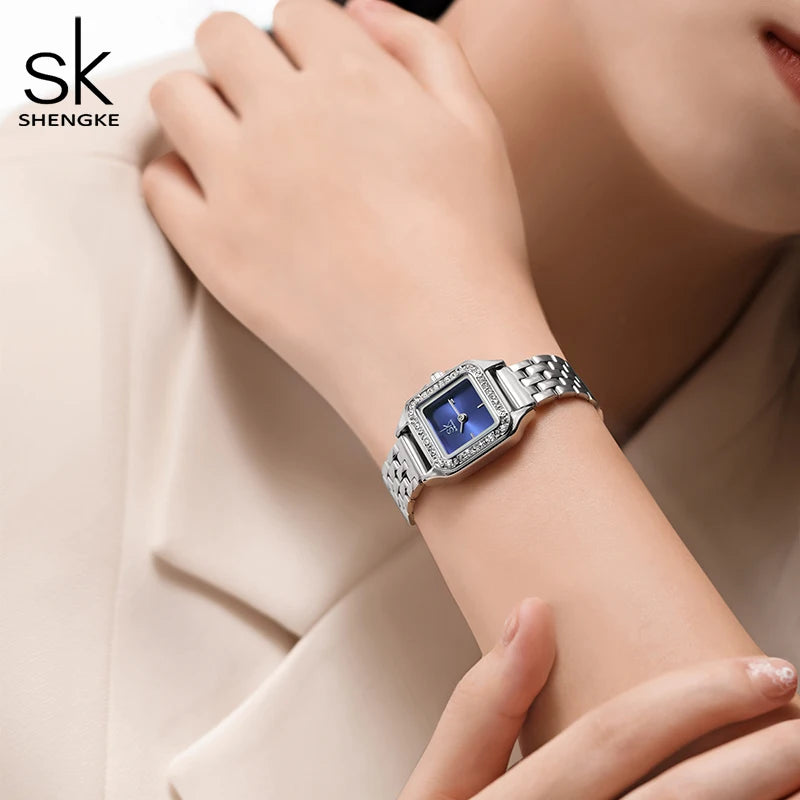 SHENGKE Elegant Silver Stainless Steel Women Watches Fashion Small Dial Square Woman's Quartz Wristwatches Ladies New Gift Clock