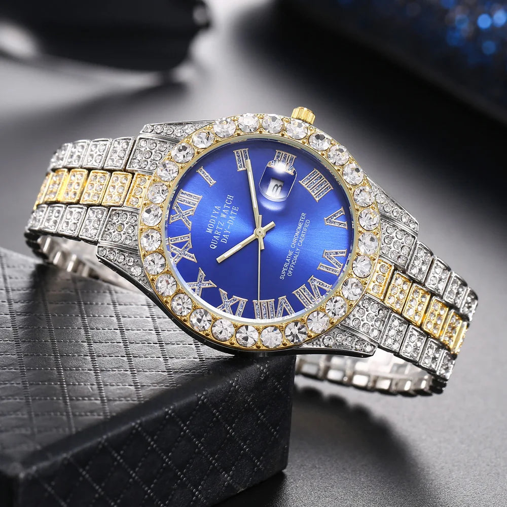 Montre homme Hip Hop Iced Out entièrement en strass AAA autour des montres à quartz de luxe horloge ronde montre-bracelet unisexe cadeau pour petit ami