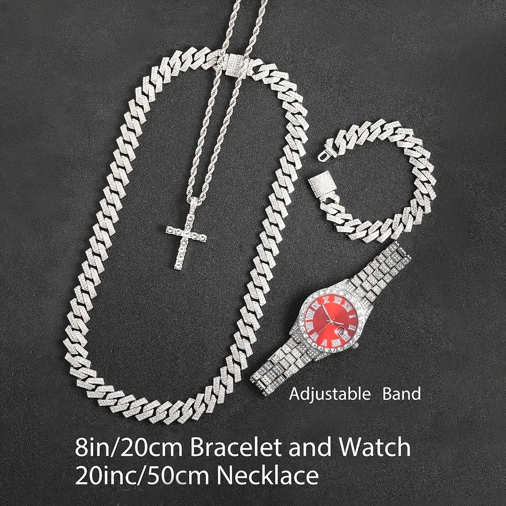 4pcs/set Mens Bling Wrist Watch & Hip Hop Cuban Chain Necklace Set - Rhinestone Accented, Round Dial, Electronic Quartz Movement