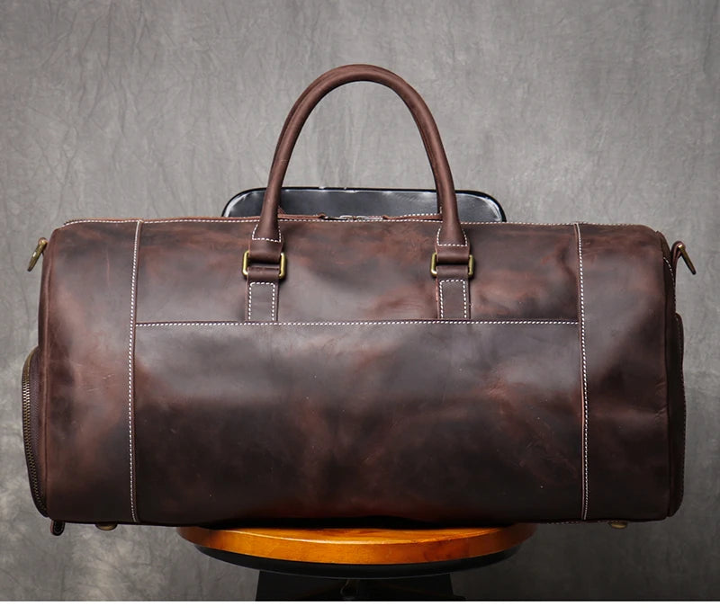 MUNUKI Vintage Crazy Horse Genuine Leather Travel bag  Large Luggage bag men Leather duffle bag Large Weekend Bag Tote Big