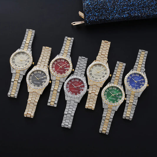 Montre homme Hip Hop Iced Out entièrement en strass AAA autour des montres à quartz de luxe horloge ronde montre-bracelet unisexe cadeau pour petit ami