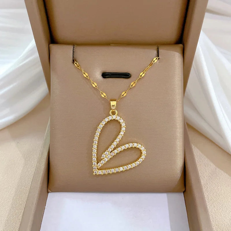 Trendy Heart Stainless Steel Zirconia Necklaces For Women Girls Love Gold Color Metal Necklace Party Birthday Daily Jewelry