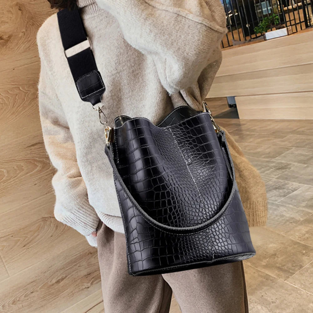 Leather Crossbody Bags Women Large-capacity Patchwork Fashion Bucket Bags Crocodile Pattern Shoulder Messenger Handbag