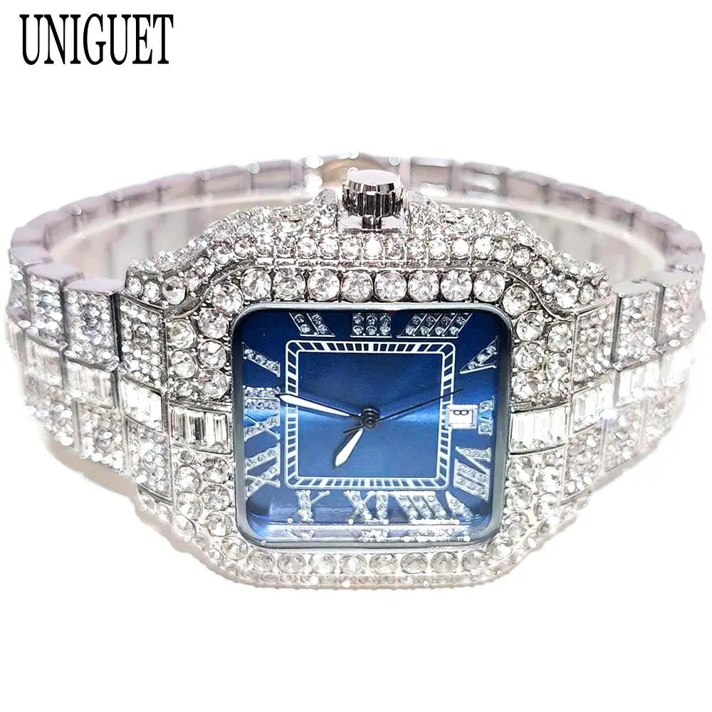 UNIGUET Blue Quartz Watch For Men Fashion Square Iced Out Watch Man Hip Hop Diamond Jewelry Wristwatch Rock Boy Reloj Hombre