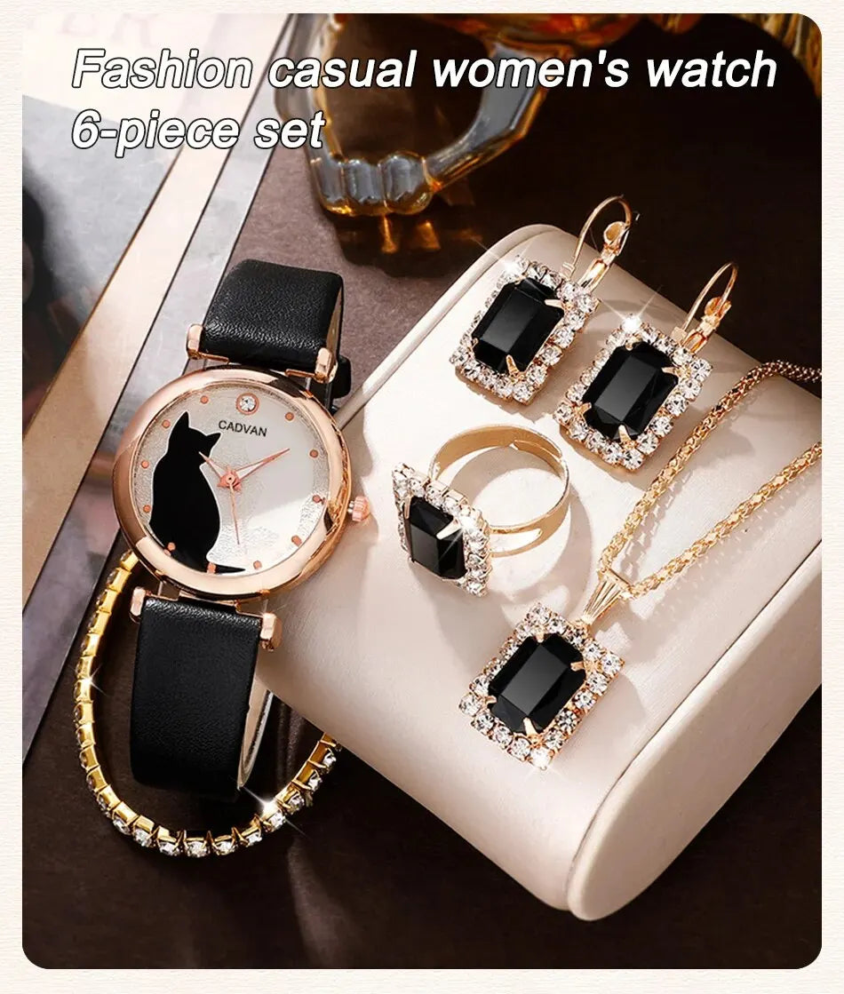 6PCS Set Women Fashion Quartz Watch Female Clock Cute Cat Dial Luxury Brand Design Ladies Leather Wrist Watch Montre Femme