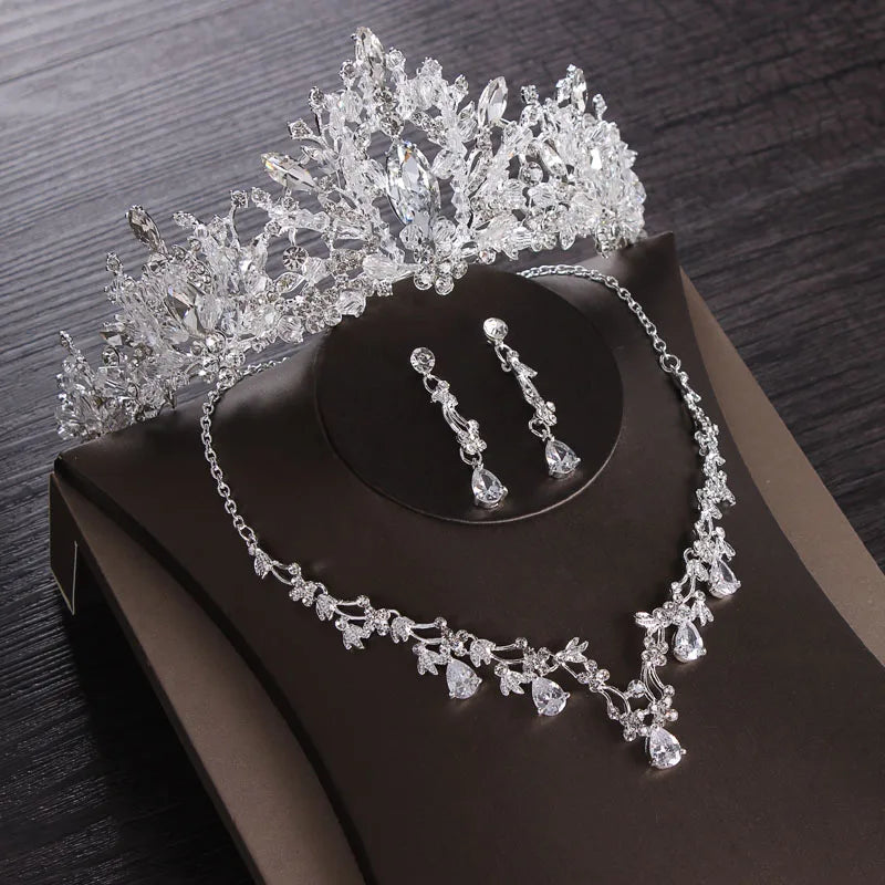 Luxury Silver Color Crystal Water Drop Bridal Jewelry Sets Rhinestone Tiaras Crown Necklace Earrings Wedding Dubai Jewelry Set