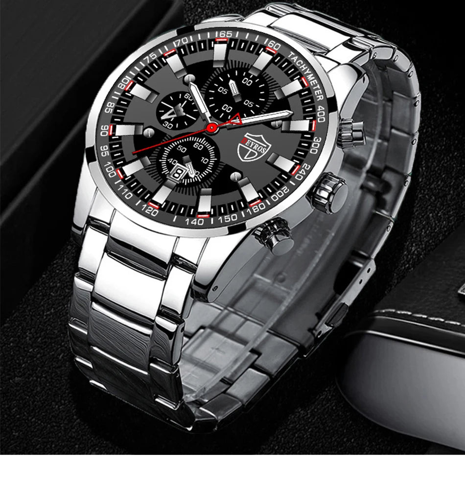 3PCS DEYROS Fashion Mens Calendar Watches Luxury Male Stainless Steel Quartz Wristwatch Men Bracelet Necklace Wrist Watch