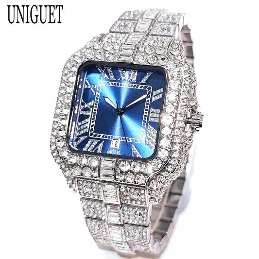 UNIGUET Blue Quartz Watch For Men Fashion Square Iced Out Watch Man Hip Hop Diamond Jewelry Wristwatch Rock Boy Reloj Hombre