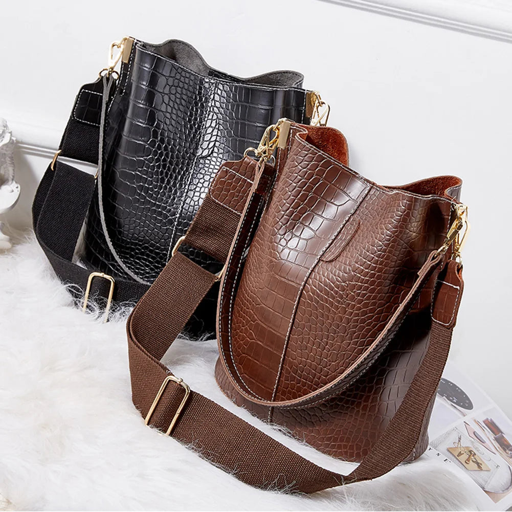 Leather Crossbody Bags Women Large-capacity Patchwork Fashion Bucket Bags Crocodile Pattern Shoulder Messenger Handbag