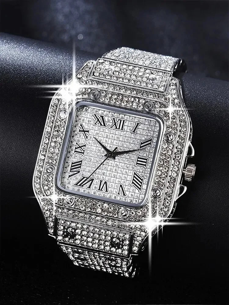 1pcs Fashion Business Calendar Men's Full Diamond Black Steel Band Quartz Watch