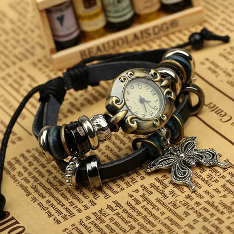 Handmade Butterfly Beads Bracelet Quartz Watch Clock Women Man Lovers Vintage Retro Bracelet Leather Strap Bracelets Dress Watch