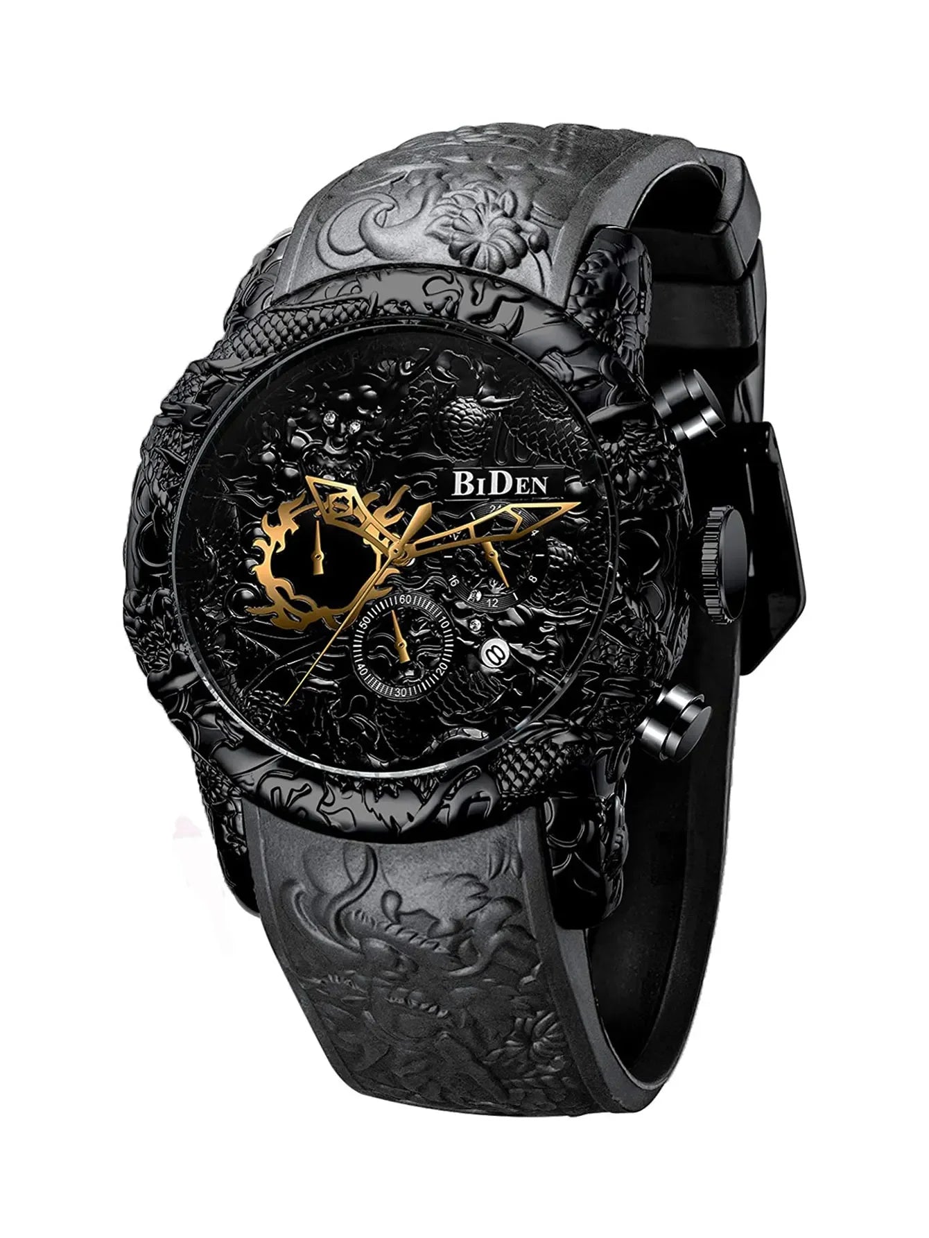 BIDEN Luxury Men's Watch Multi functional Six Needle Creative 3D Carving Dragon Design Waterproof Leisure Quartz Men's Clock