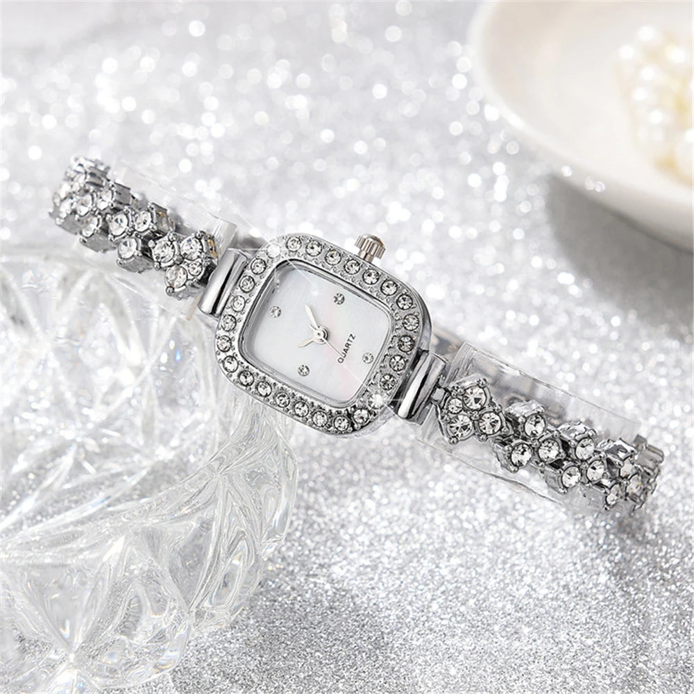 Luxury Sparkle Women's Steel Bracelet Watch Fashion Square Shell Face Design Deluxe Ladies Quartz Watches With Diamonds Clock