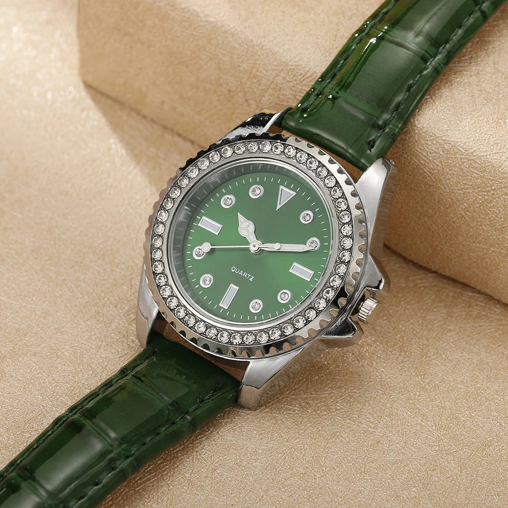 Ladies Luxury Diamond Branded Quartz Watch Fashion 2024 New Simple Green Leather Women's Dress Clock Watch DDP