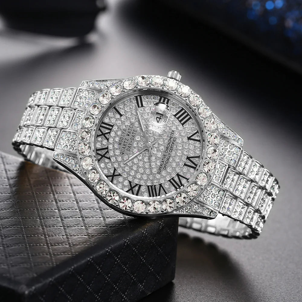 Montre homme Hip Hop Iced Out entièrement en strass AAA autour des montres à quartz de luxe horloge ronde montre-bracelet unisexe cadeau pour petit ami