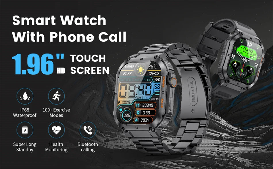 For All Smartphone Connections Bluetooth Call Sports Fitness Bracelet Waterproof Smartwatch Men's Watch Outdoor Rugged Military