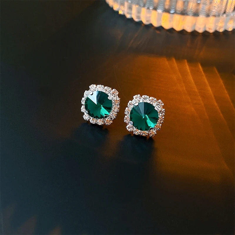 Luxury Green Rhinestone Necklace Stud Earrings For Women Crystal Choker Necklaces Ladies Fashion Weddings Banquet Jewelry Set