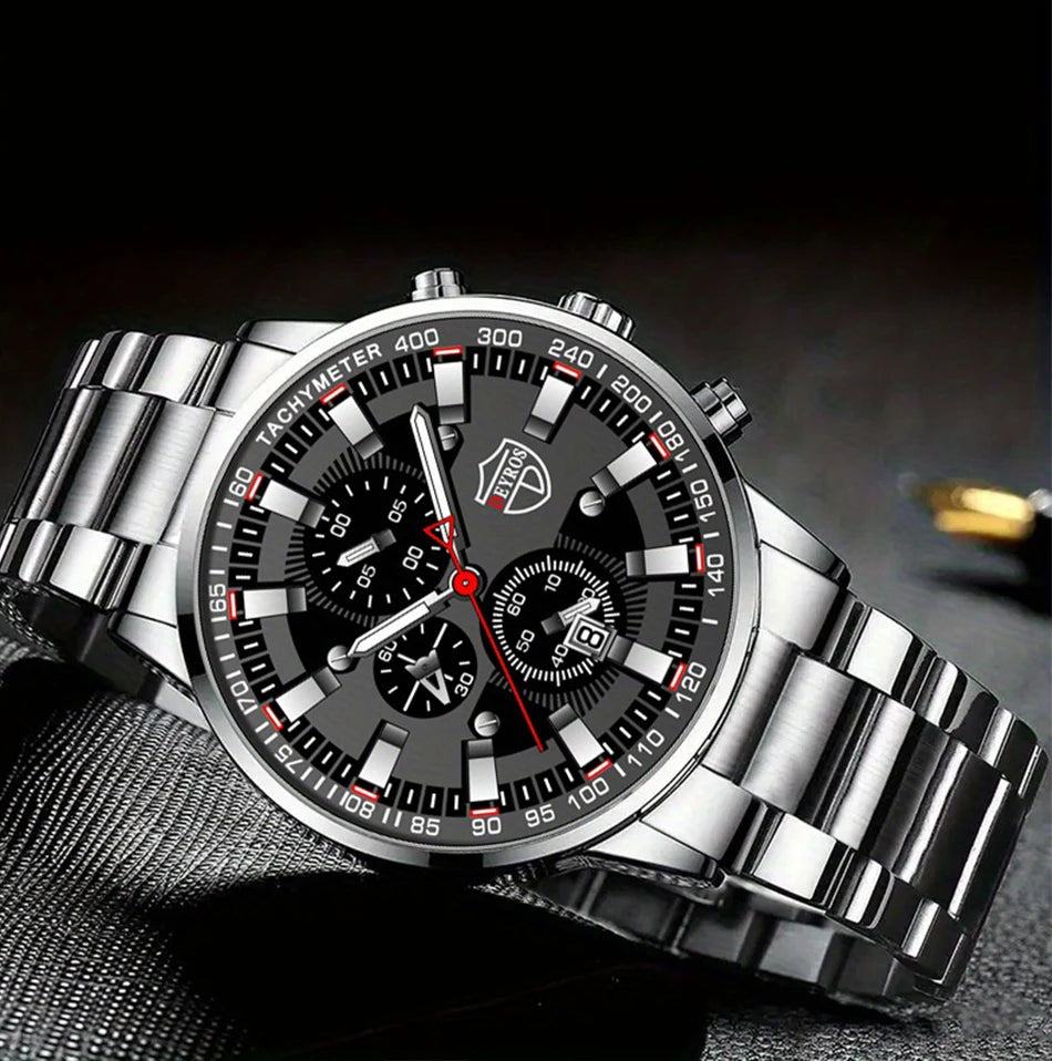 3PCS DEYROS Fashion Mens Calendar Watches Luxury Male Stainless Steel Quartz Wristwatch Men Bracelet Necklace Wrist Watch