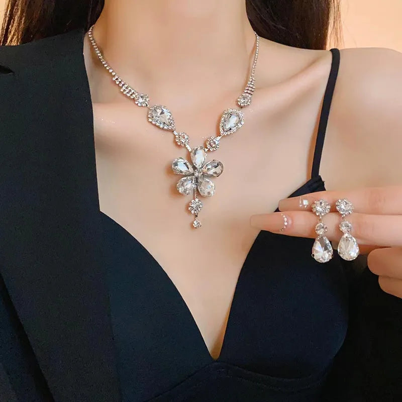 Large Water Drop Flower Necklace Earrings Set Shining Full Rhinestone Necklace For Women Bridal Wedding Party Jewelry Sets