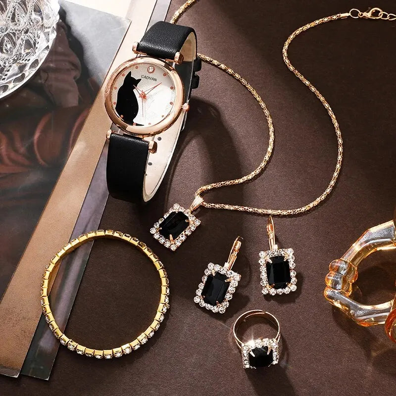 6PCS Set Women Fashion Quartz Watch Female Clock Cute Cat Dial Luxury Brand Design Ladies Leather Wrist Watch Montre Femme