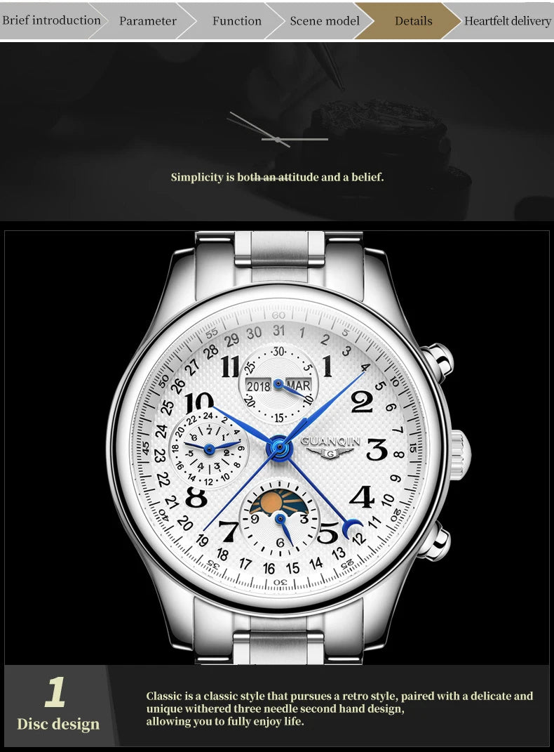 GUANQIN 2024 Men watches Top brand Luxury Mechanical Automatic Stainless steel Waterproof Moon Phase Watch Sapphire Wristwatch