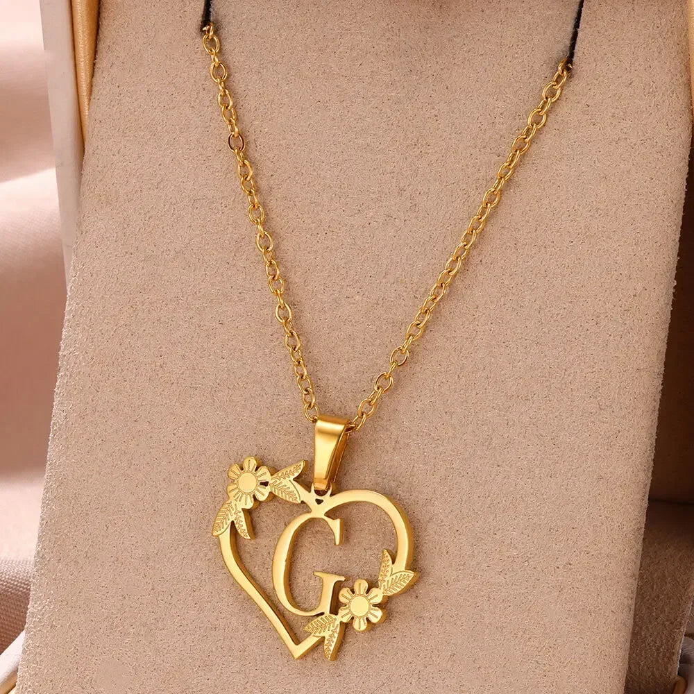 Gold Color Dainty Flower Initials Necklace Women Girl Stainless Steel Heart Letter Choker Necklace Best Gifts Alphabet Jewelry