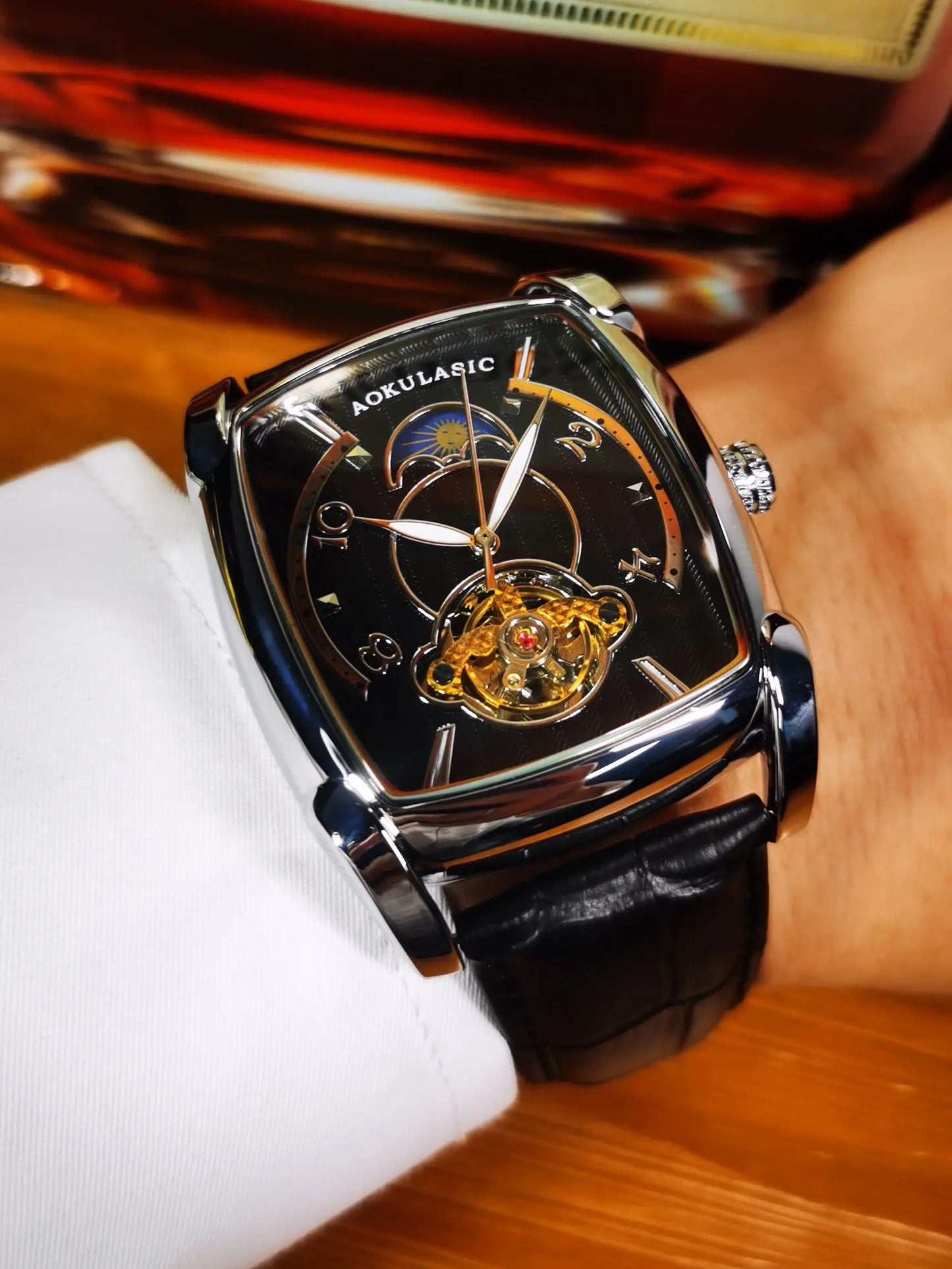 Tonneau Moon Phase Automatic Watch for Men Luxury Brand Tourbillon Skeleton Mechanical Watches Leather Belt Luminous Hands Clock