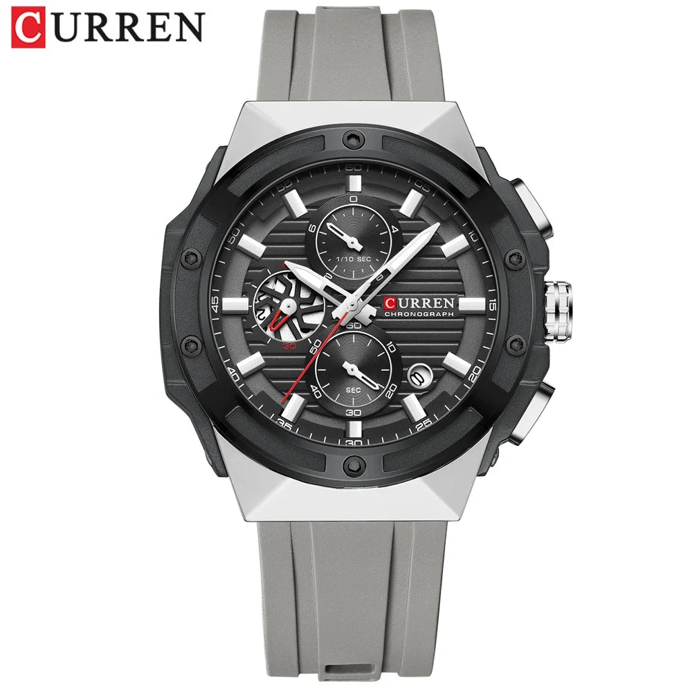 CURREN Fashionable Sports Multifunctional Chronograph Quartz Watch with Silicone Strap Creative Design Dial Luminous Hands