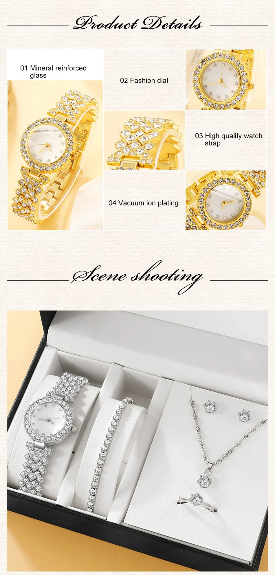 6PCS Set Luxury Watch Women Ring Necklace Earring Rhinestone Fashion Wristwatch Casual Ladies Watches Bracelet Set Clock