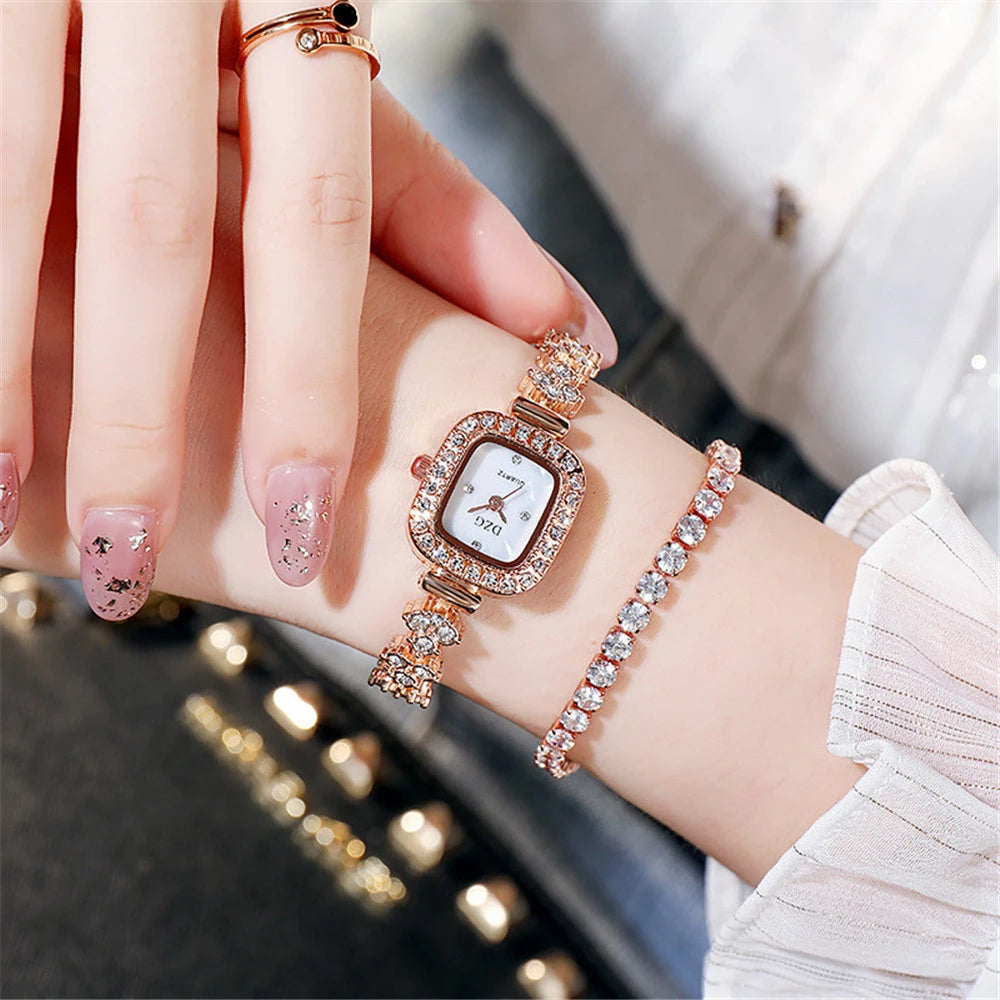 Luxury Sparkle Women's Steel Bracelet Watch Fashion Square Shell Face Design Deluxe Ladies Quartz Watches With Diamonds Clock