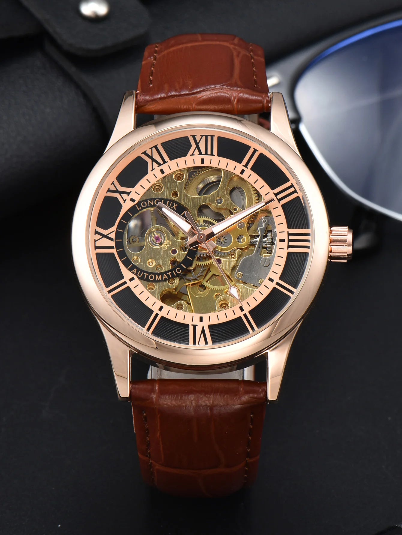 LONGLUX automatic watch rome wholesale mechanical wristwatches waterproof hollow leather mens watch men gift