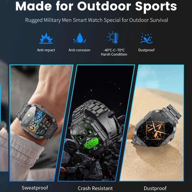 For All Smartphone Connections Bluetooth Call Sports Fitness Bracelet Waterproof Smartwatch Men's Watch Outdoor Rugged Military