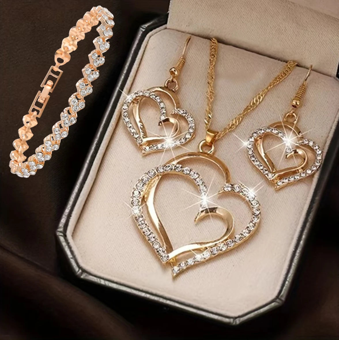 3 Pcs Set Heart Shaped Jewelry Set Of Earrings Pendant Necklace For Women Exquisite Fashion Rhinestone Double Heart Jewelry Set