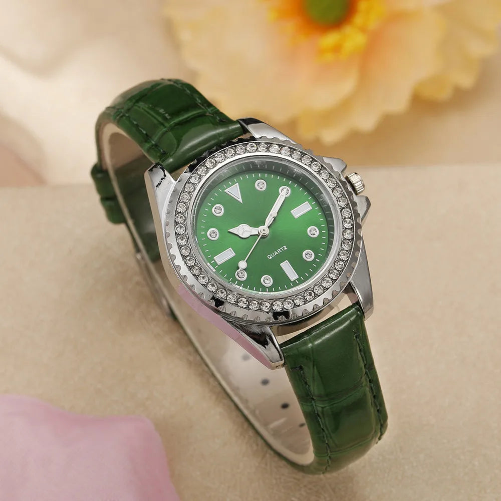 Ladies Luxury Diamond Branded Quartz Watch Fashion 2024 New Simple Green Leather Women's Dress Clock Watch DDP