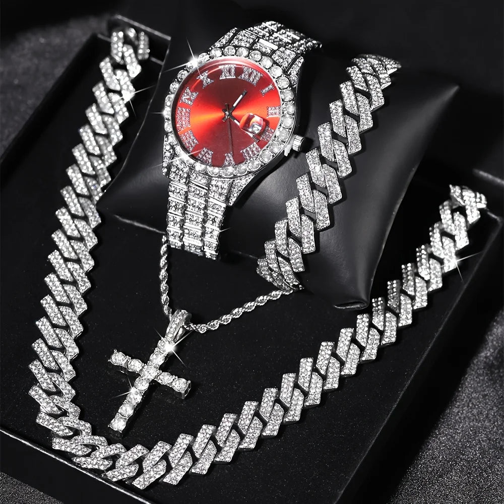 4pcs/set Mens Bling Wrist Watch & Hip Hop Cuban Chain Necklace Set - Rhinestone Accented, Round Dial, Electronic Quartz Movement