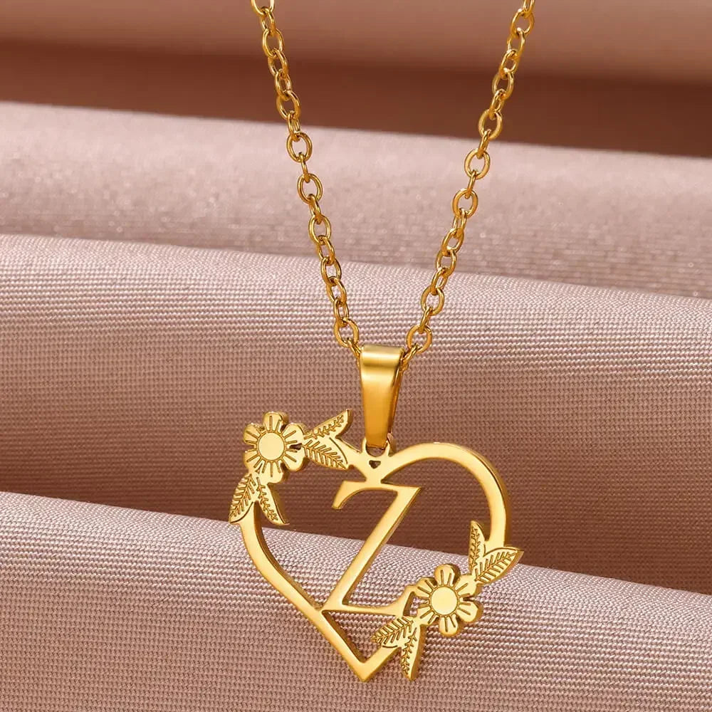 Gold Color Dainty Flower Initials Necklace Women Girl Stainless Steel Heart Letter Choker Necklace Best Gifts Alphabet Jewelry