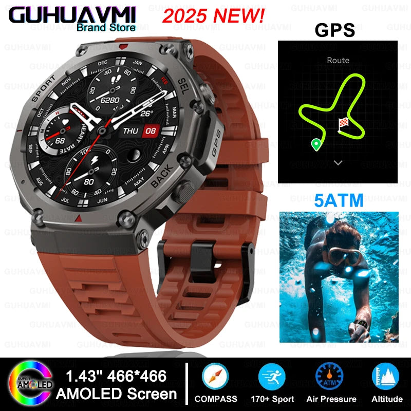 2025 New GPS Smart Watch Men 1.43" AMOLED HD Screen Compass Altimeter 5ATM Waterproof Outdoor Military Smart Bracelet For HUAWEI