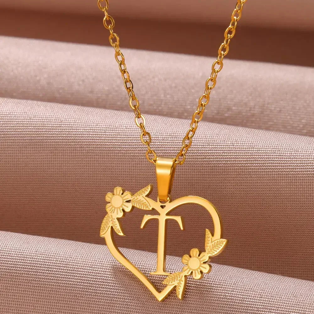 Gold Color Dainty Flower Initials Necklace Women Girl Stainless Steel Heart Letter Choker Necklace Best Gifts Alphabet Jewelry