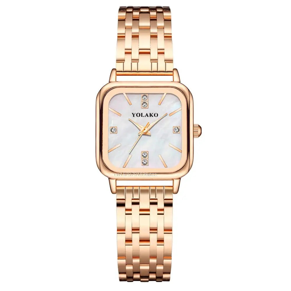 Luxury Brands Women Quartz Watch Fashion Square With Diamonds Seashell Surface Design Gold Coloured Fine Metal Strap Watches