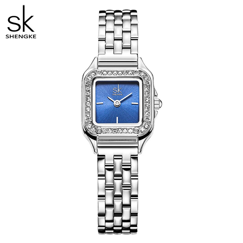 SHENGKE Elegant Silver Stainless Steel Women Watches Fashion Small Dial Square Woman's Quartz Wristwatches Ladies New Gift Clock