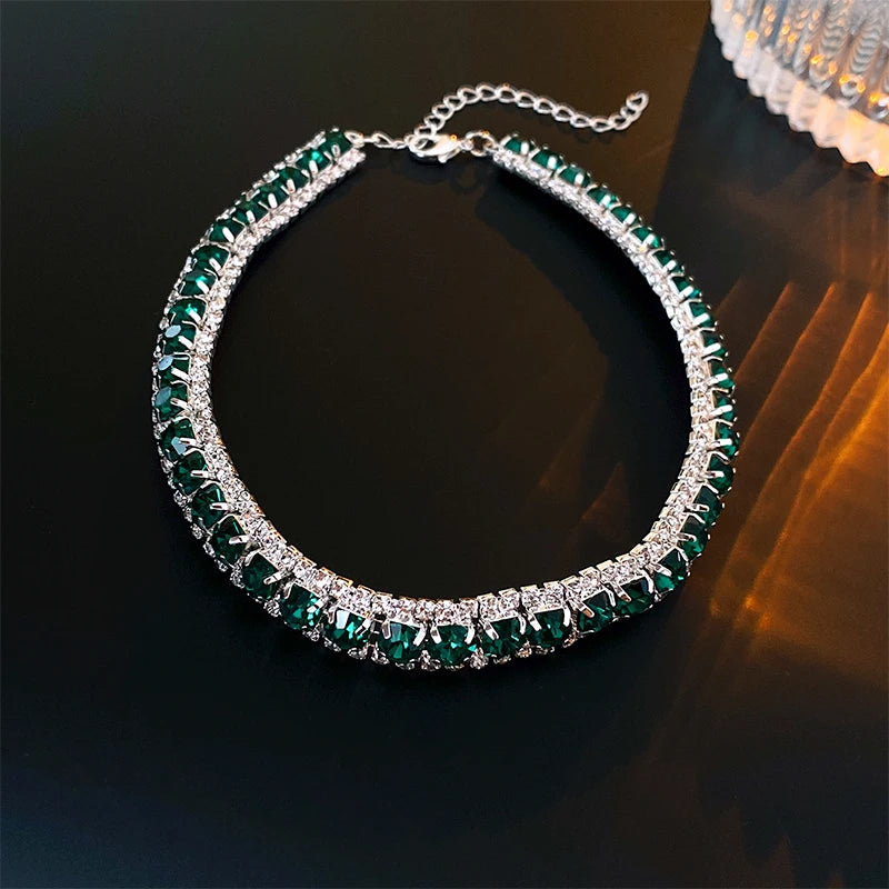 Luxury Green Rhinestone Necklace Stud Earrings For Women Crystal Choker Necklaces Ladies Fashion Weddings Banquet Jewelry Set